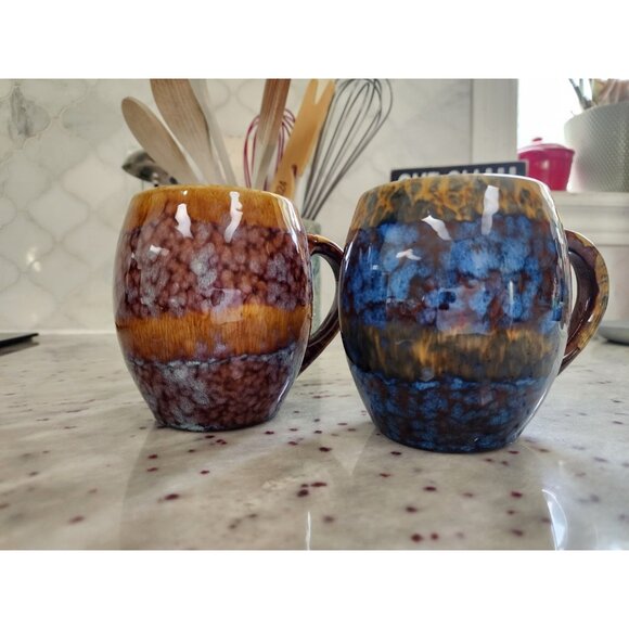 Set of Vintage Mugs McIntosh oz Brown and Blue Abstract Drip Glaze Glossy 12 oz - Picture 1 of 5